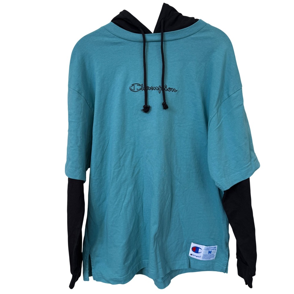 Champion Layered Hoodie Tee Teal Black Sz M Streetwear Logo Pullover Y2K Skate